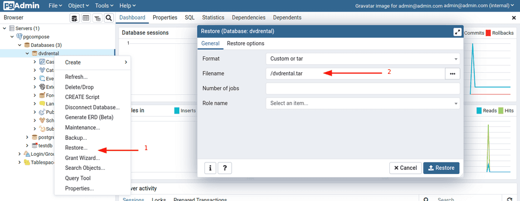 pgAdmin-restore db