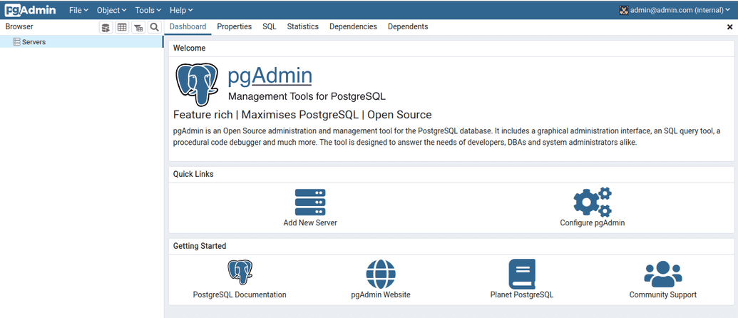 pgadmin-landing page